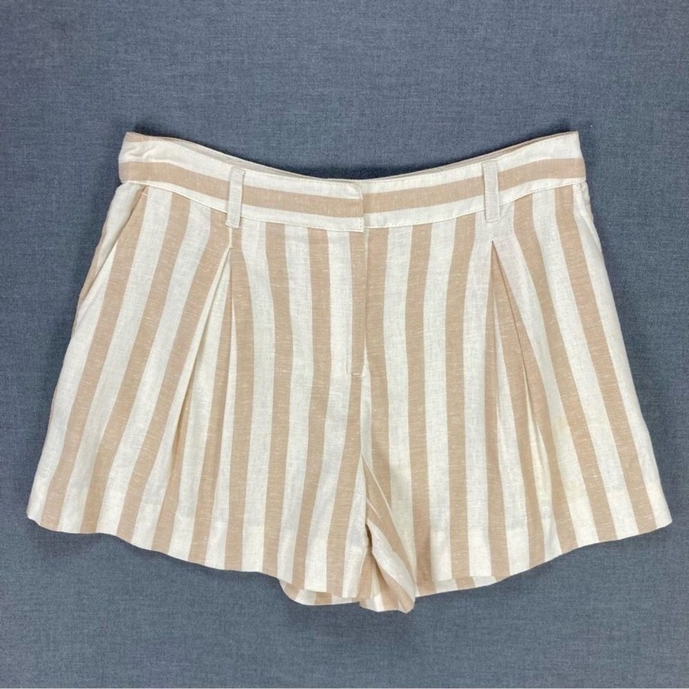 Draper James Linen Striped Pleated Shorts Women XS Tan White Coastal Summer Chic